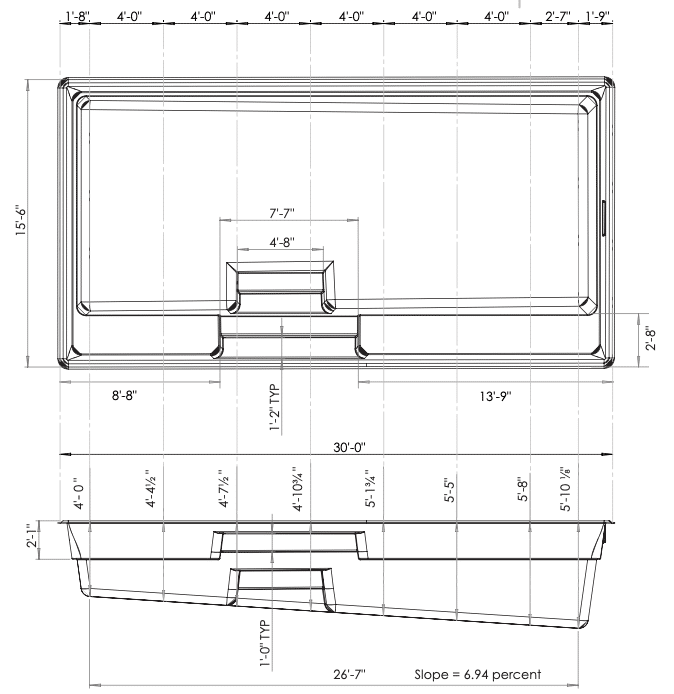 Architectural drawing of a rectangular pool with dimensions noted in feet and inches. The drawing shows the top view and side profile, noting a slope measurement and indicating various height and width specifications.